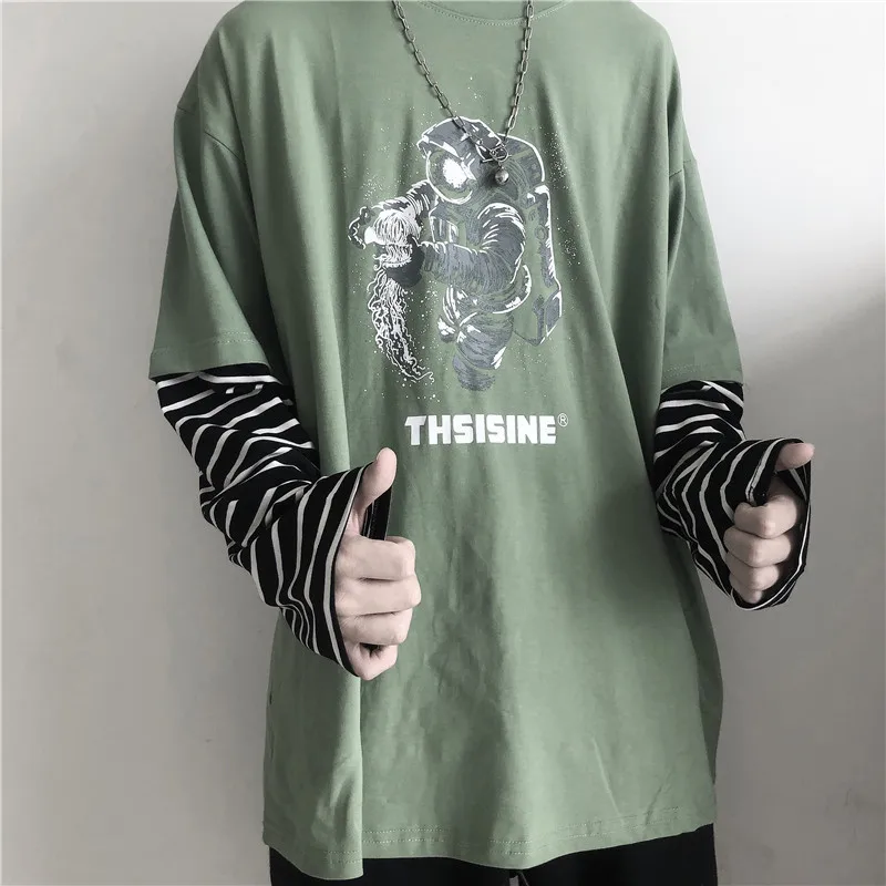 Lychee Girls Astronaut Women T Shirt Top Tee Stripe Fake 2 Pieces Women T-shirts Top Tees Patchwork Crew Neck Women T Shirts
