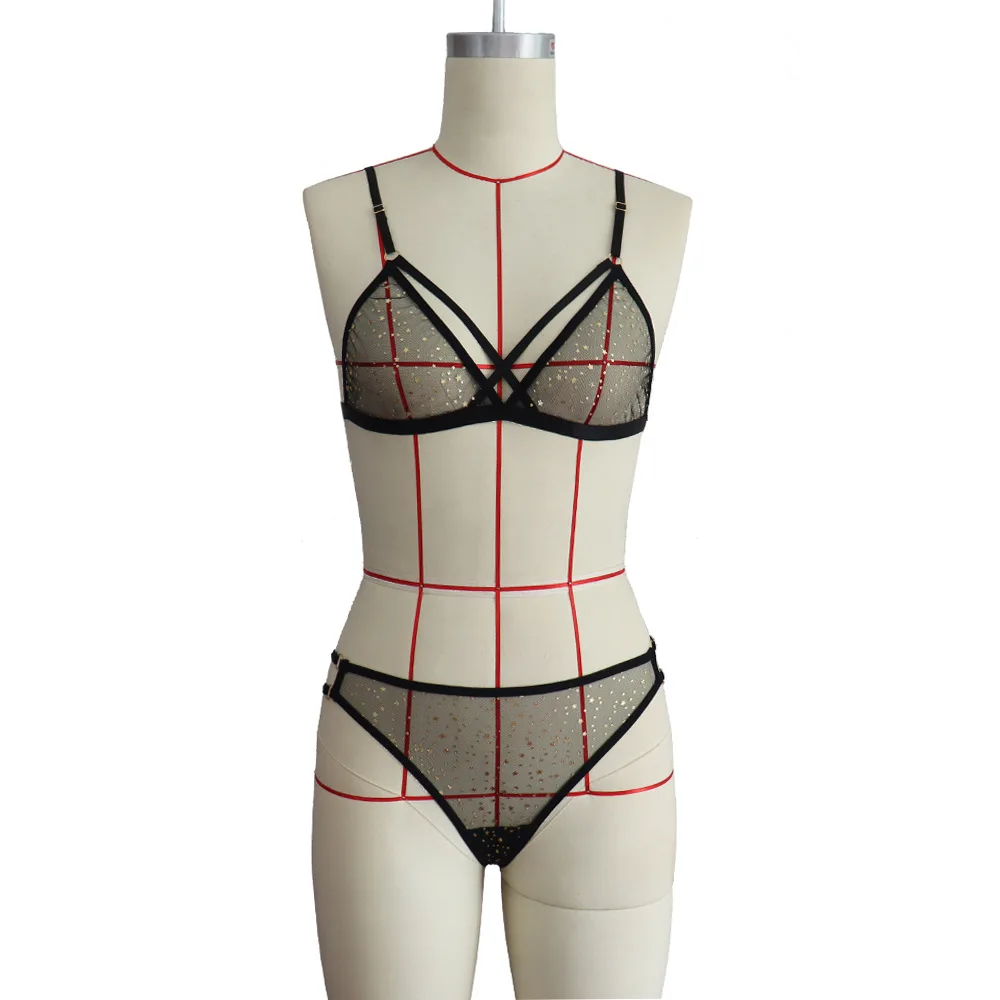 

Newest Arrival Women's Underwear Two Piece Set Bikini Style Strap Bra Dot Mesh Perspective Pantie for Female Exotic Sets