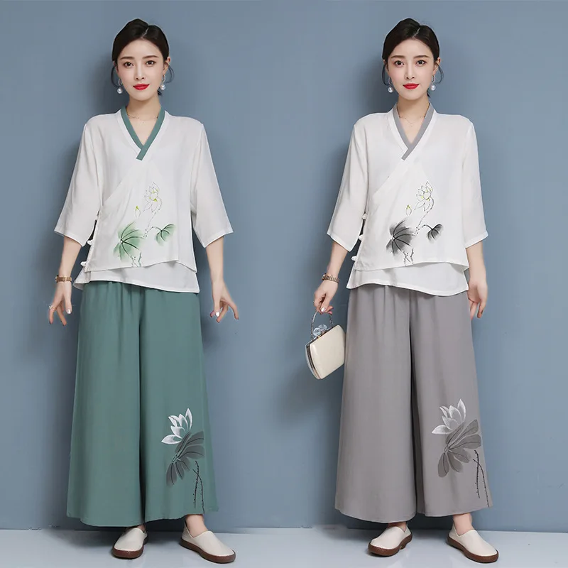 

Women Yoga Set Sportswear Linen Loose Sweatshirt+pant Running Jogger Fitness Workout Casual Meditation Tai Chi Set Sport Suit