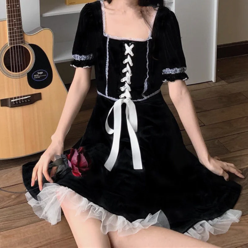 

HOUZHOU Women's Gothic Dress Sexy Goth Punk Harajuku Bandage Black Dress Lolita Kawaii Lace Vintage Oversize Sundress