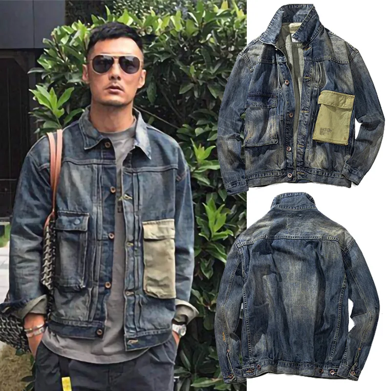 

New 2021 Fashion Handsome all-match denim jacket male spring autumn brand Japanese tooling retro casual washed patchwork jacket