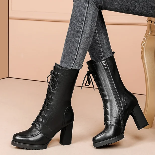 2022 Autumn and Winter High Quality Leather Boots Women's High Heel Knee High Boots Winter Fashion Lace Up Non Slip Warm Boots