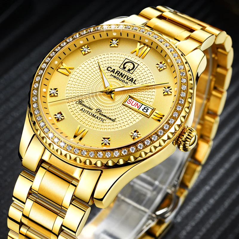 CARNIVAL New Fashion Men Diamond Gold Dial Luxury Luminous Watch Calendar Display Fully Automatic Mechanical Wristwatches 8629G