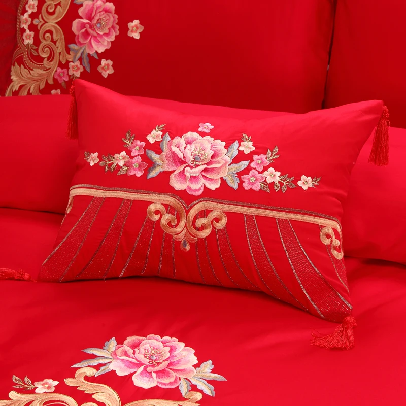 Роскошный красный свадебный комплект постельного белья с цветочной вышивкой