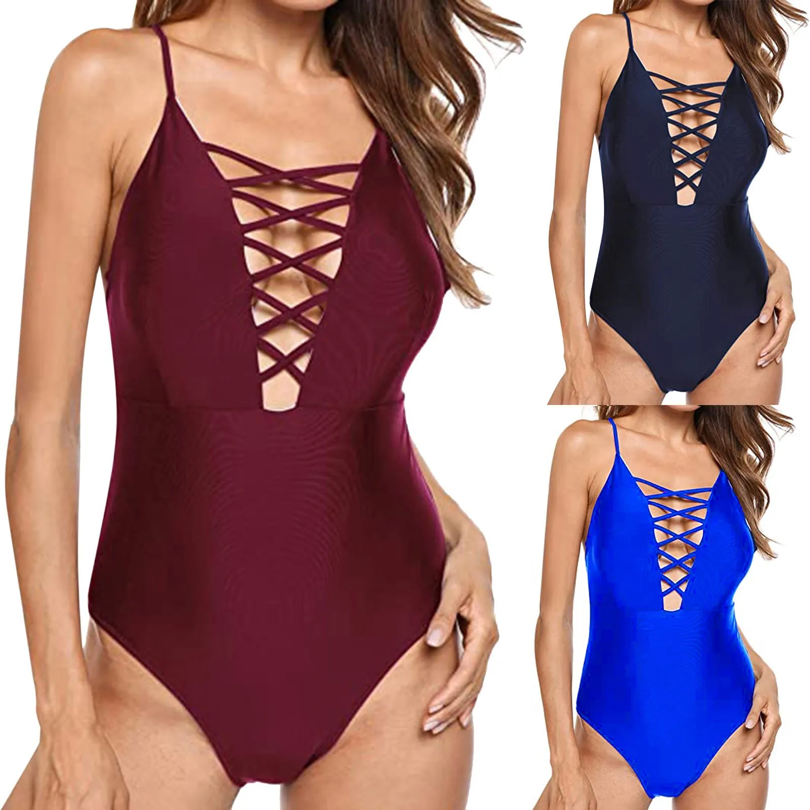 

Chest Strap Cross Swimwear Solid Deep V One Piece Swimsuit Women Sexy Hollow Backless Bathing Suit Slim Bodysuit Female Spa A50