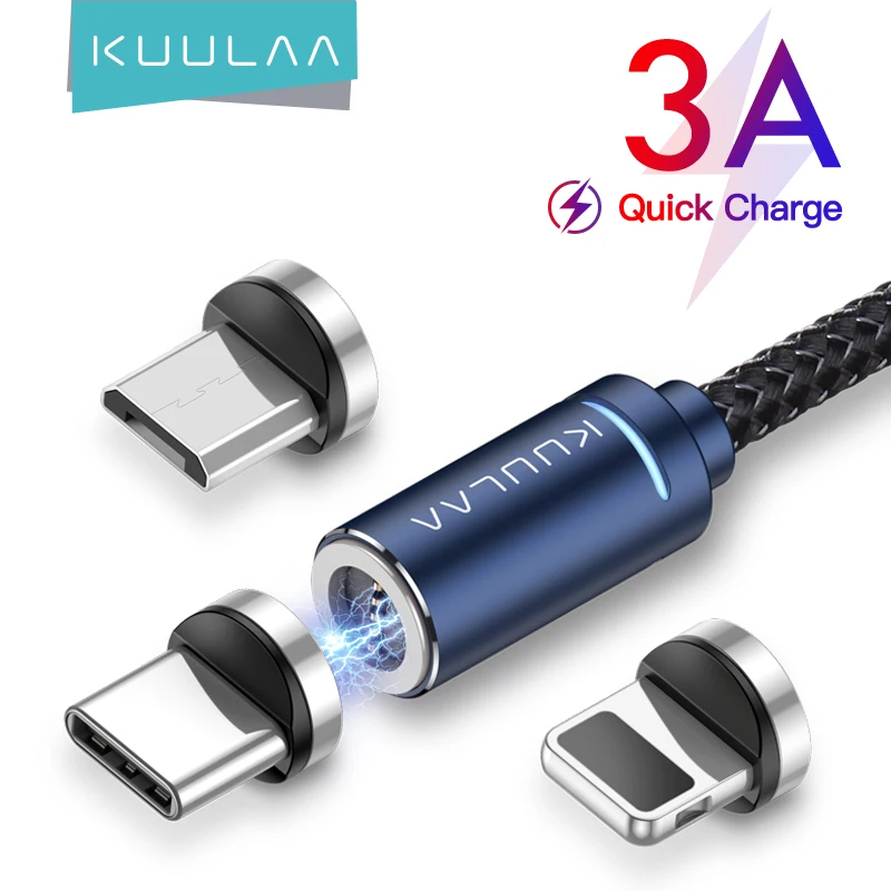 Магнитный кабель KUULAA USB C Micro 3A для быстрой зарядки iPhone шнур передачи данных