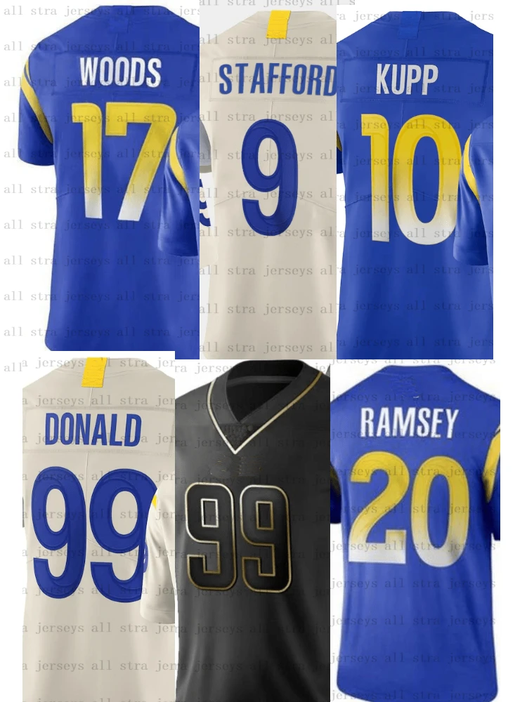 

9 Matthew Stafford 10 Cooper Kupp 17 Robert Woods 20 Jalen Ramsey 99 Aaron Donald American Football Jersey 2020 Sports T-Shirt