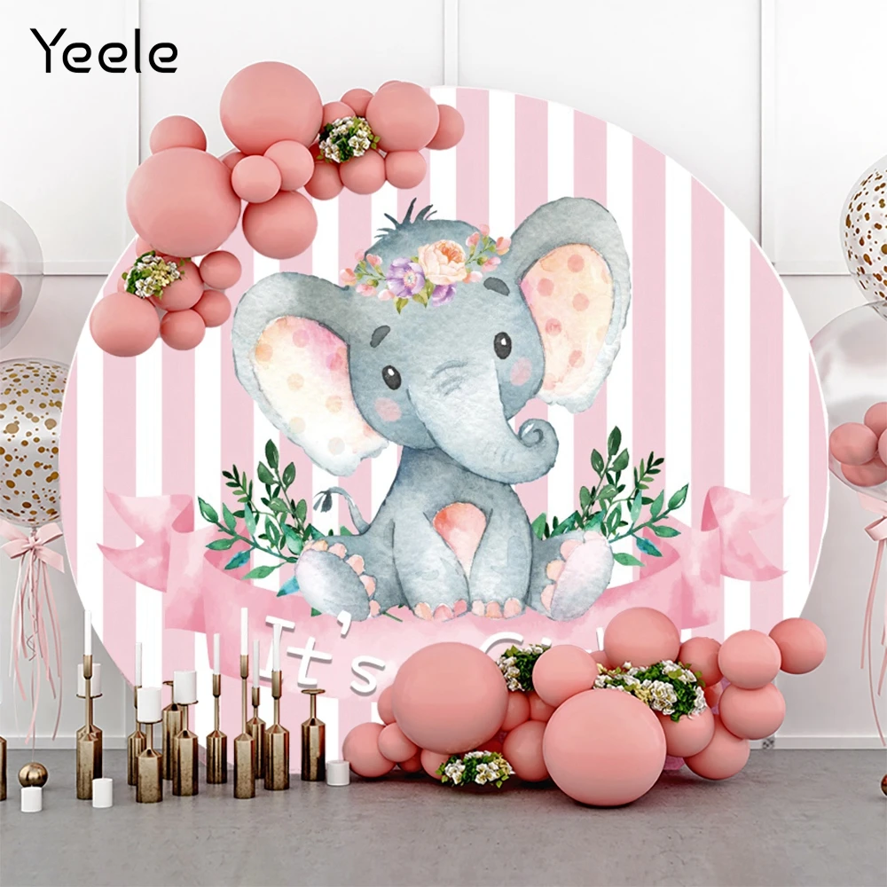 

Yeele Newborn Baby Shower Girl Round Backdrop Circle Elephant Safari Stripe Pink Photography Background Polyester Photo Studio