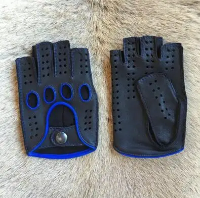 black blue Новое поступление мужские кожаные перчатки для вождения без подкладки козья кожа перчатки без пальцев для спортзала перчатки для занятий фитнесом варежки - Цвет: black blue