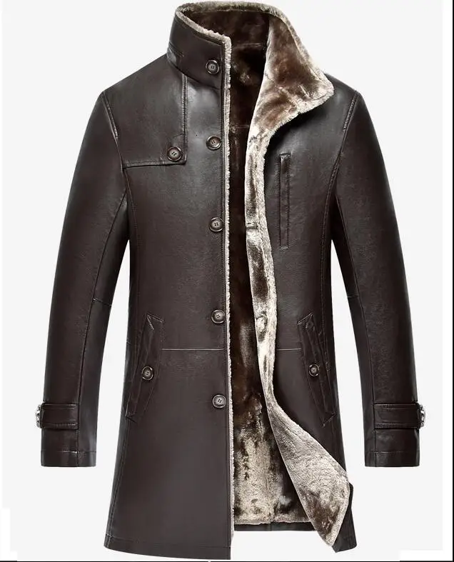 2020 зимнее утепленное кожаное пальто мужское длинное повседневное с отложным