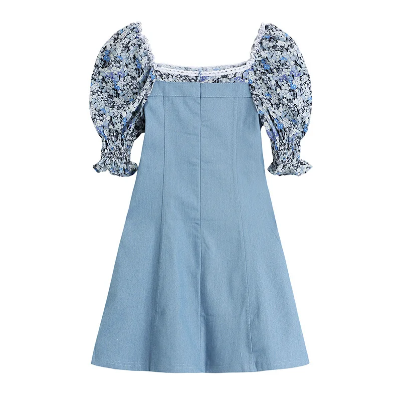 

Женское джинсовое мини-платье, Элегантное синее платье-рубашка составного кроя с цветочным принтом и пышными рукавами, на пуговицах, лето ...