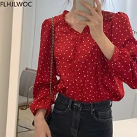 red ruffled tops blusas hot sales 2021 fall autumn long sleeve casual white dot single breasted button basic shirts