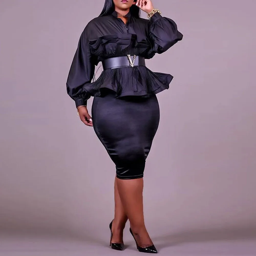 

2021 Plus Size Women's Autumn Pleated Waist Long-sleeved Shirt Bag Hip Skirt Temperament Commuter Suit Fashion Casual