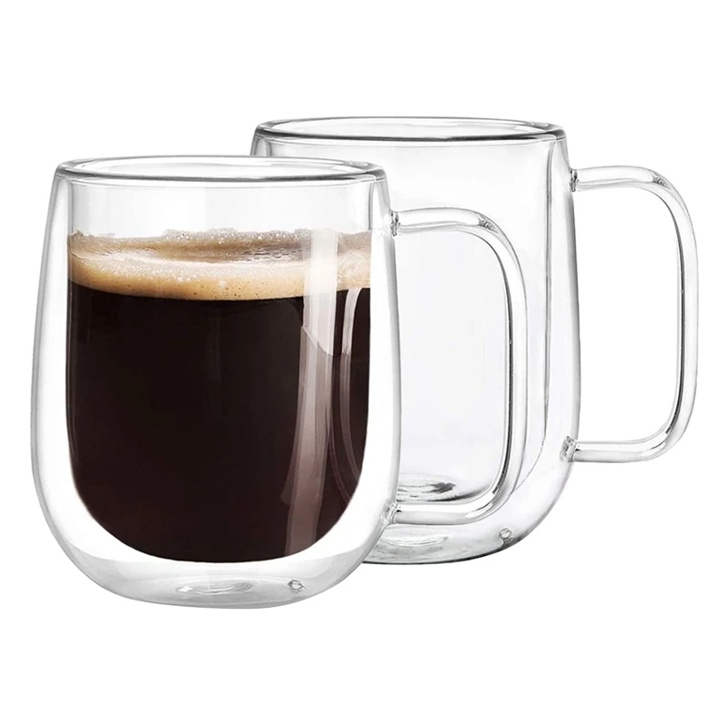 Promotion! Double Wall Gl Coffee Mugs Tea Cups Set of 2 Thermal Insulated and No Condensation with Wide Handle (300ML) | Дом и сад