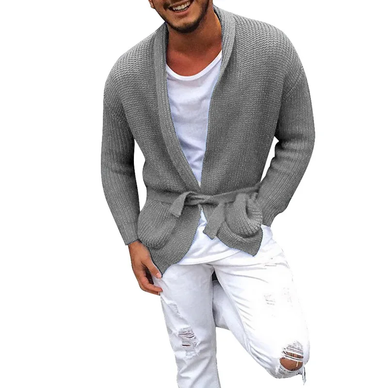 Мужской вязаный кардиган с длинным рукавом повседневное зеленое пальто средней