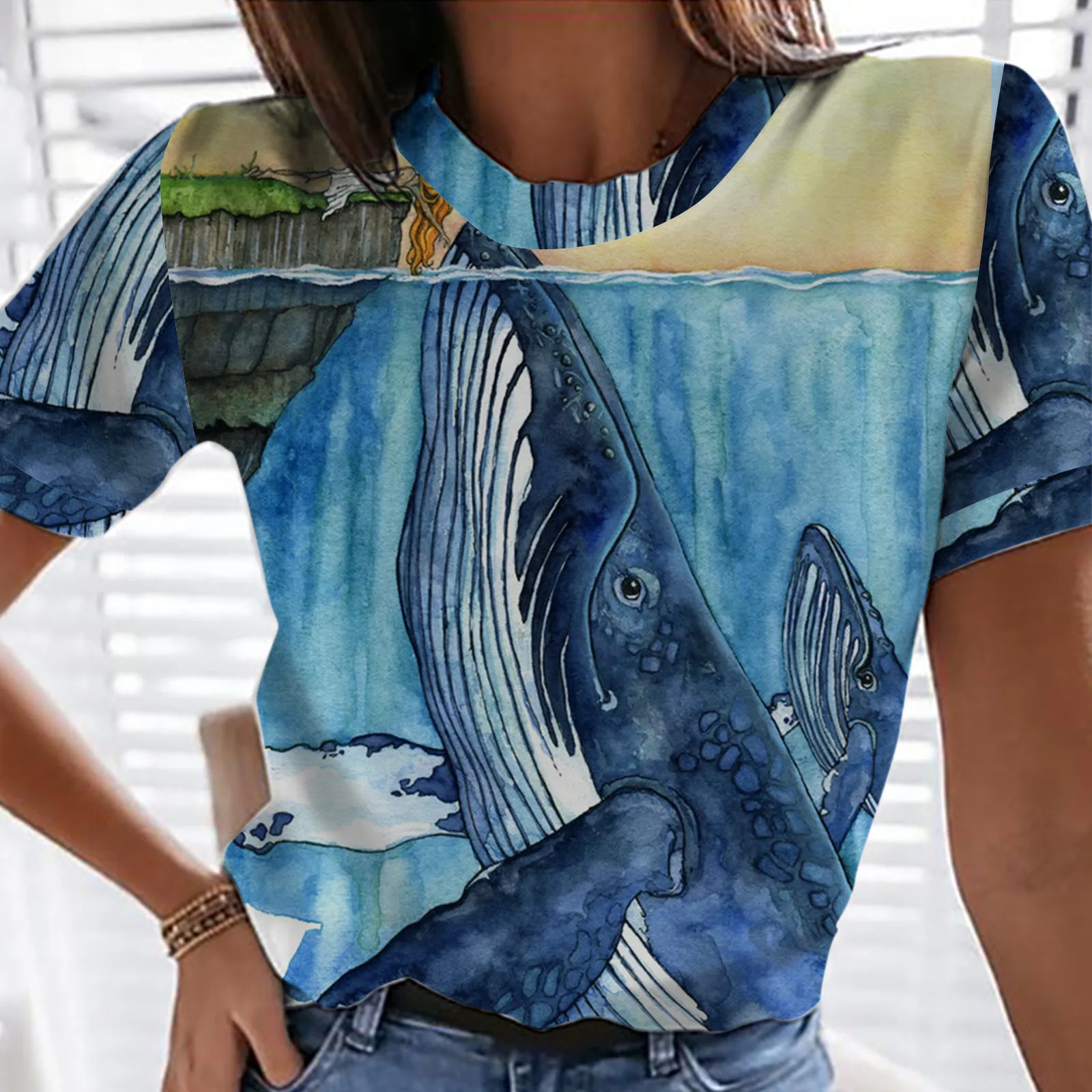 

Women T-Shirt Short Sleeve V-Neck Fashion Landscape Blouse Pocket Oversized T-shirts Loose Casual Harajuku Tee Tops Blouse
