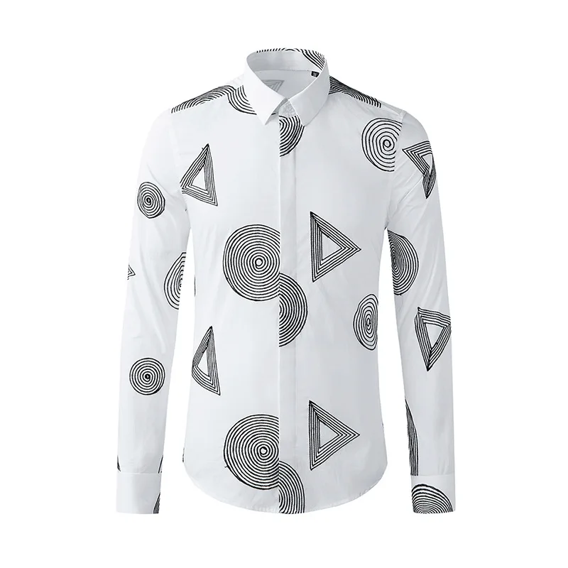 2021 new style full-body geometric symbols irregular embroidery long-sleeved shirt men's fashion slim high-end top