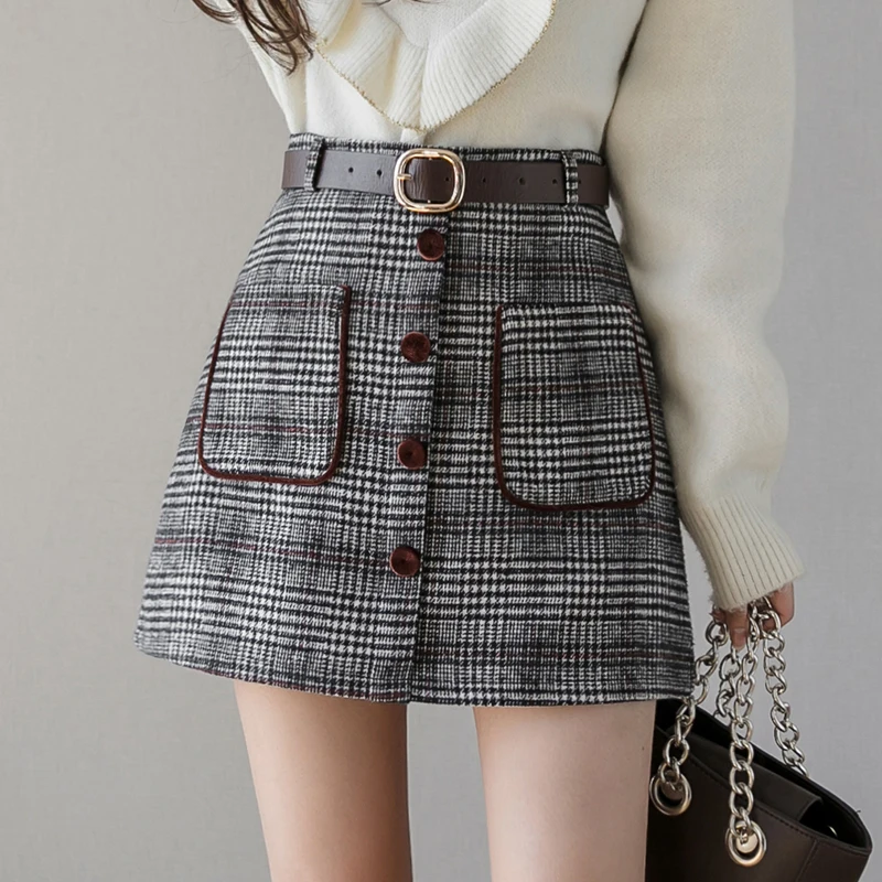 Винтажные шерстяные мини-юбки женские клетчатые юбки-карандаш большого размера
