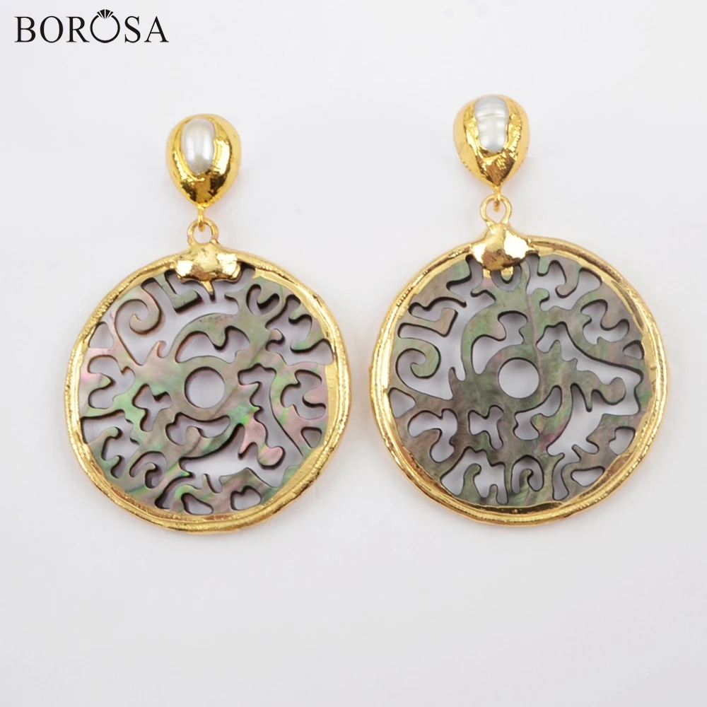 

BOROSA 5Pairs Gold Plated Carved Natural Shell Pearl Earrings Rainbow Shell Mother of Pearl Drop Earring Jewelry G1907-E