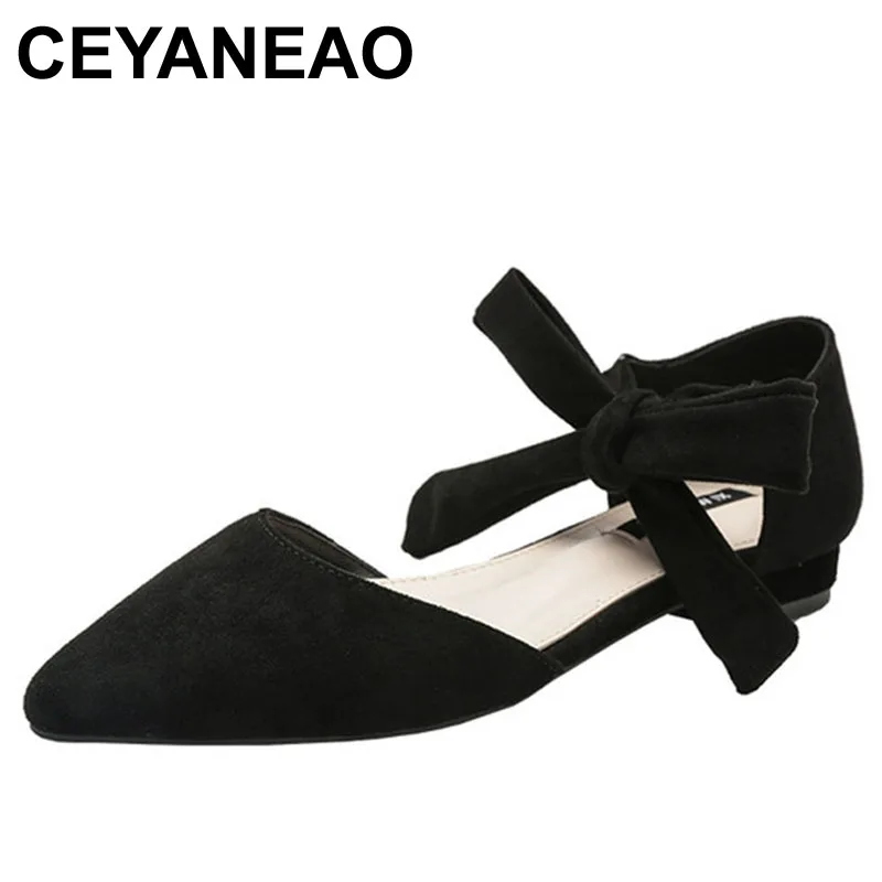 

CEYANEAOankle bow knot flat shoes woman new spring cutout pointy flats girl's ballerina shoes sneakers women sweet wedding shoes