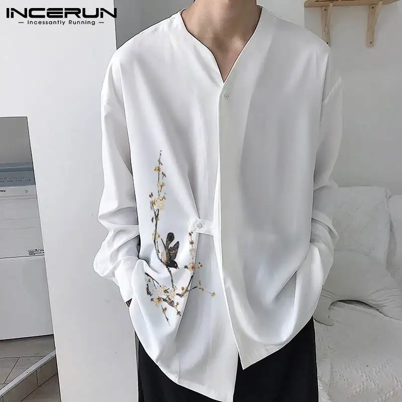 

Autumn Men Shirt Vintage Printed V Neck Long Sleeve Button Loose 2022 Casual Camisa Masculina Streetwear Irregular Tops INCERUN