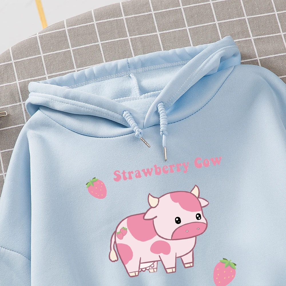 Hoodie Oversize Woman Sweetshirt Suit Thick Sweat Capuche Femme Sweatshirt Pink Harajuku Kawaii Strawberry Milk Printed Hoodie