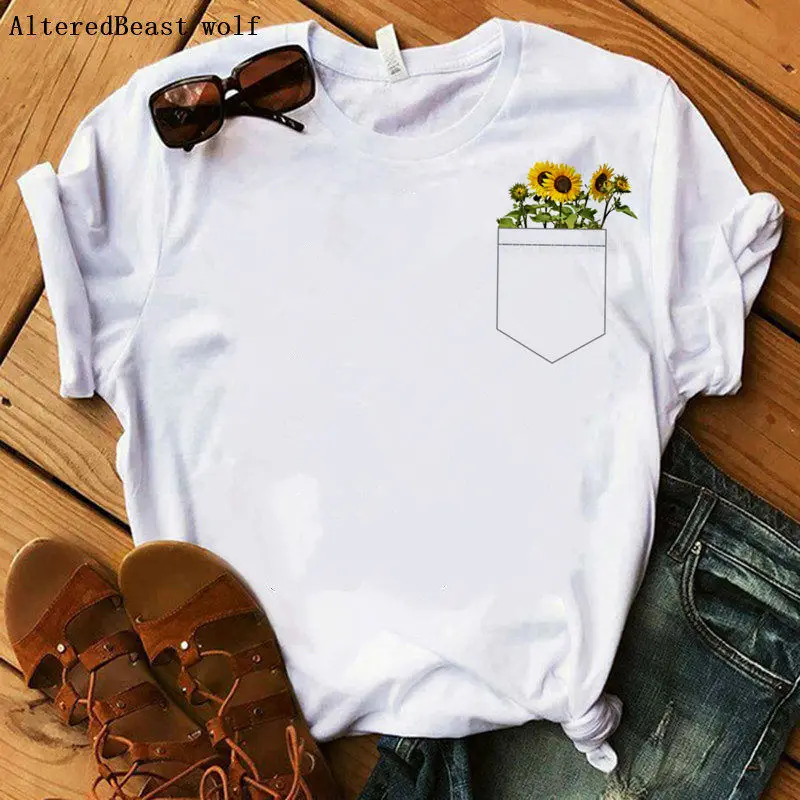 

2020 Women Fashion Pocket Sunflower T-shirt Short Sleeve Harajuku Printed Casual Funny Tee Tops Female Cute White Clothes