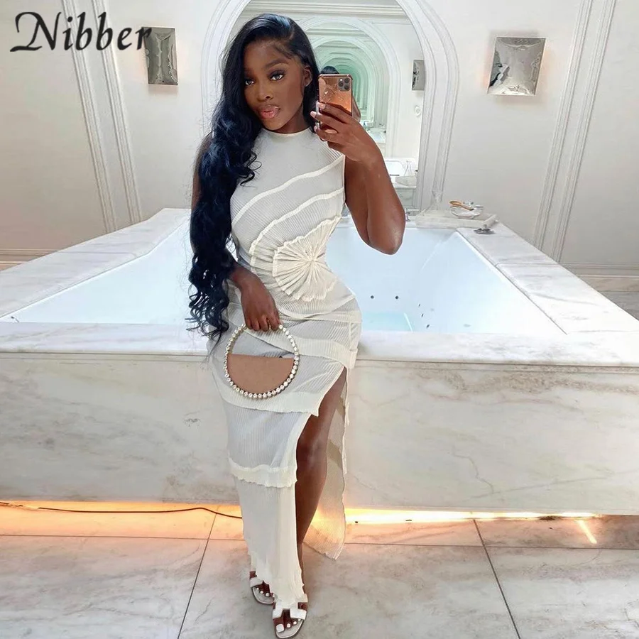 

Nibber Pure Color Fashion Art Three-Dimensional Split Sexy Pattern Sleeveless Long Dress For Elegant Women Holiday Party Wear