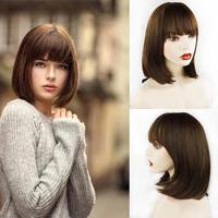 azqueen short straight wig with bangs for women synthetic wigs black brown bob wig heat resistant cosplay hair