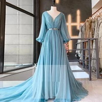 elegant evening dresses for women v neck long sleeve sweep train belt button a line formal women prom party gowns abendkleider