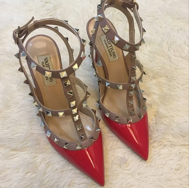 

2021 New Fashion Buckle Studded Stiletto Rivet Sandals High Heel Shoes Women Black Shoes Platform Pumps Sexy Point Toe Sandles
