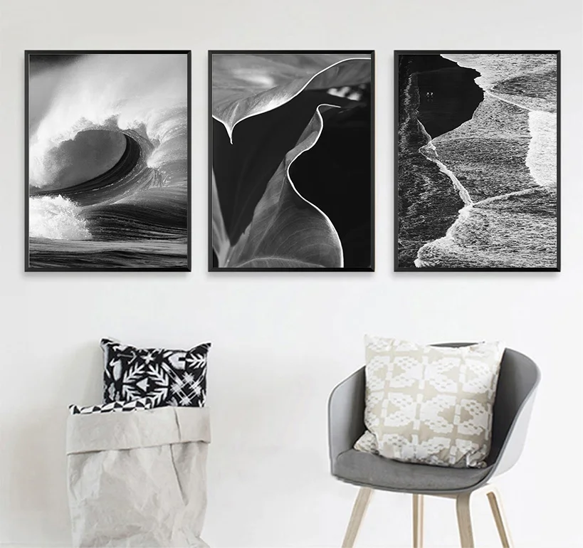 Черный белый океан волны Холст скандинавские плакаты принты морской пейзаж