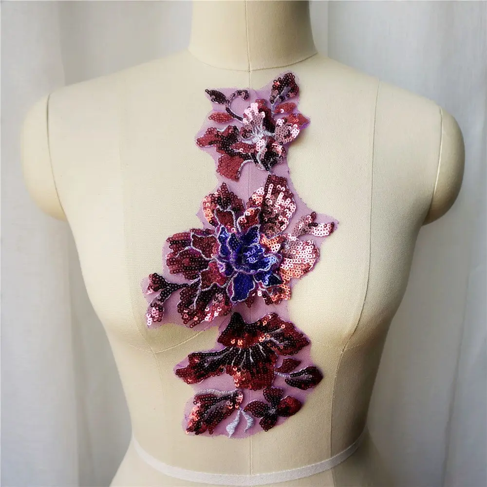 Фиолетовые блестки цветок кружевная ткань воротник вышитая аппликация для
