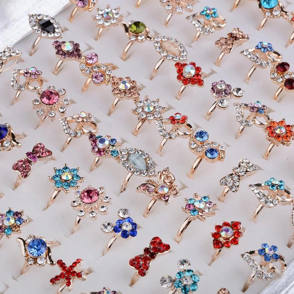 

20Pcs Mixed Style Rhinestone Animals Flowers Bow Shape Rings for Kids Women Colorful Crystal Finger Jewelry Wholesale