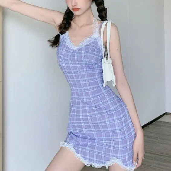 

Vintage Plaid V-Neck Sexy Women'S Dress Summer Lace Suspenders Sleeveless Mini Dress Party Beach Zipper Dress Sundresses 2021