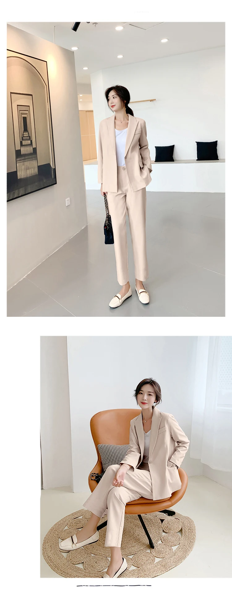 New Arrival Women Notched Long Sleeve Blazer With Belt Straight Long Pants 2 Piece Set Female Caramel Casual Pants Suit S98302F