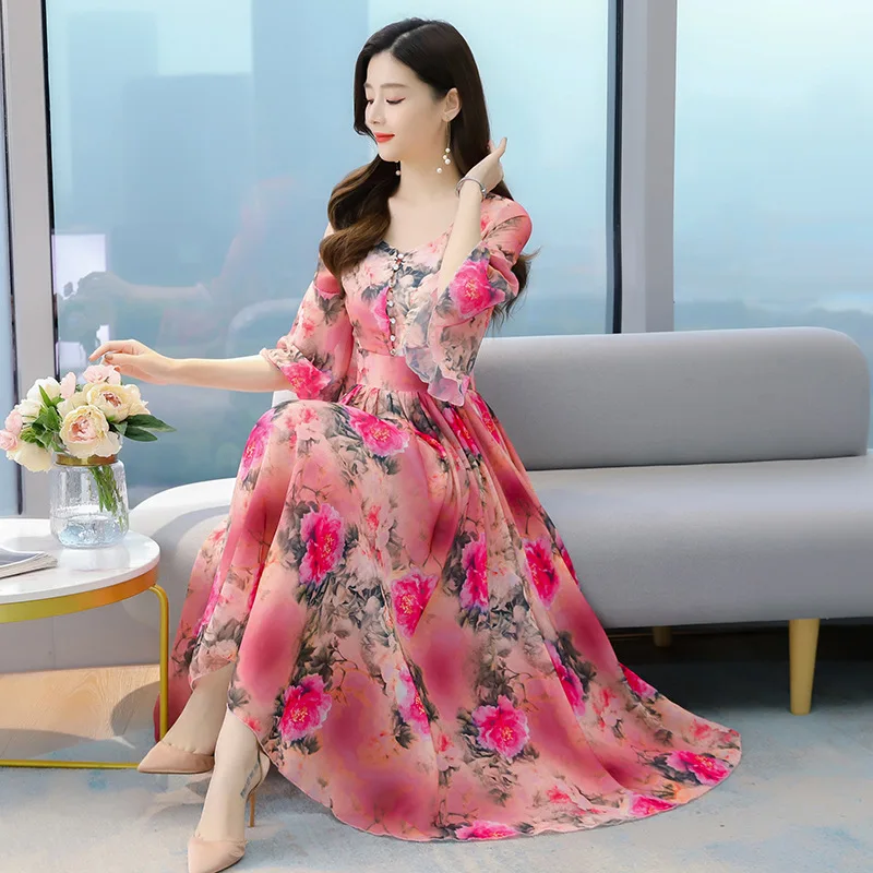 

Real shot 2021 spring and summer goddess fan suit dress chiffon printed dress long big swing holiday beach dress