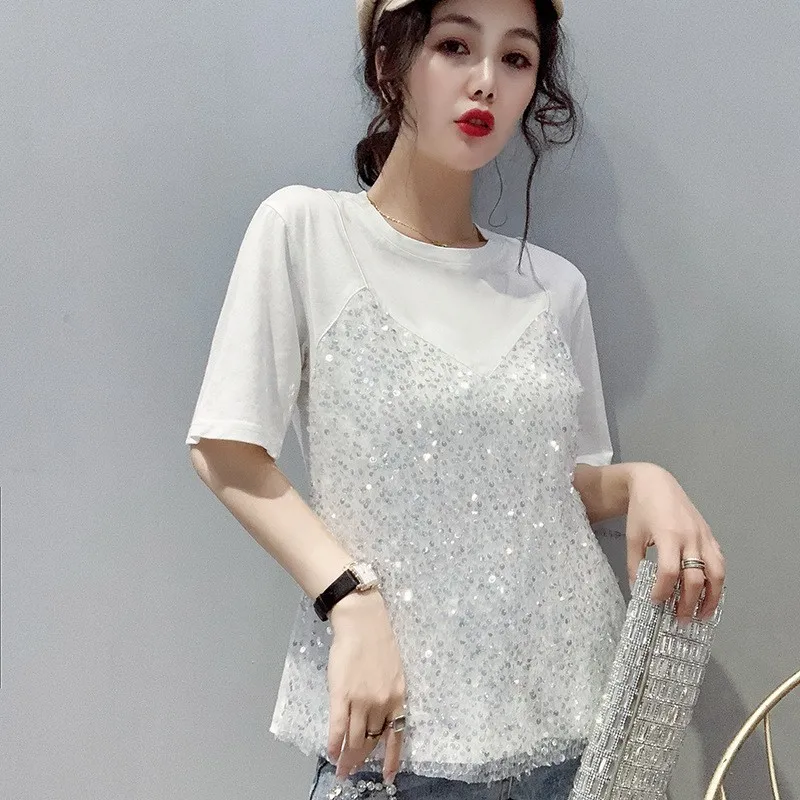 

Shiny Sequined Summer Women Casual T-shirt Short Sleeve Fake Two Piece Tees Tops Streetwear Harajuku Lady Korean T-shirts