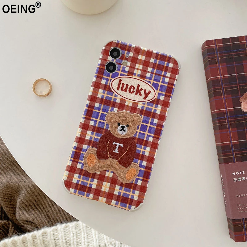 

OEING Embroidery Bear Phone Case For Iphone 11 12 Pro Max 7 8 Plus X XS XR Cartoon Shockproof Fashion Grid Soft Back Case Cover
