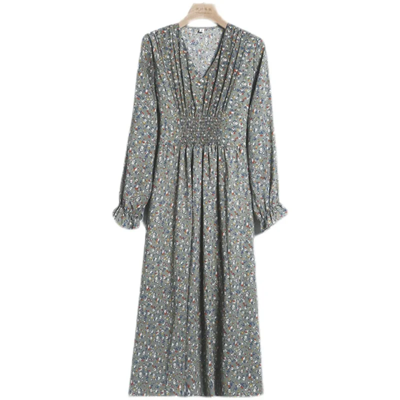 

COIGARSAM 3XL Plus Size Office Lady Chiffon Women dress New Spring Vintage Floral Print Dresses Apricot 229