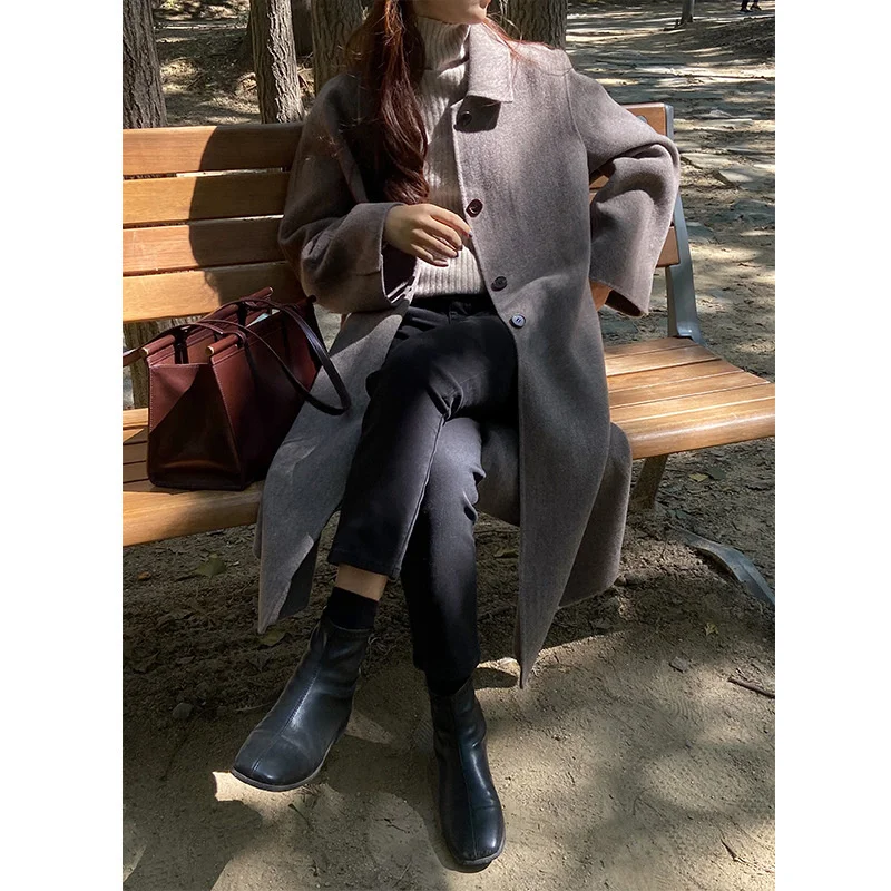 

Женское двухстороннее шерстяное пальто до колена, свободное повседневное шерстяное пальто с лацканами, 33299