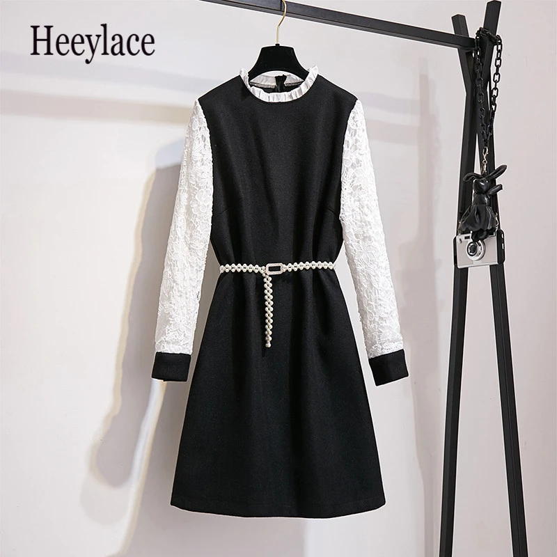 Женские зимние офисные шерстяные платья больших размеров модные Ажурные