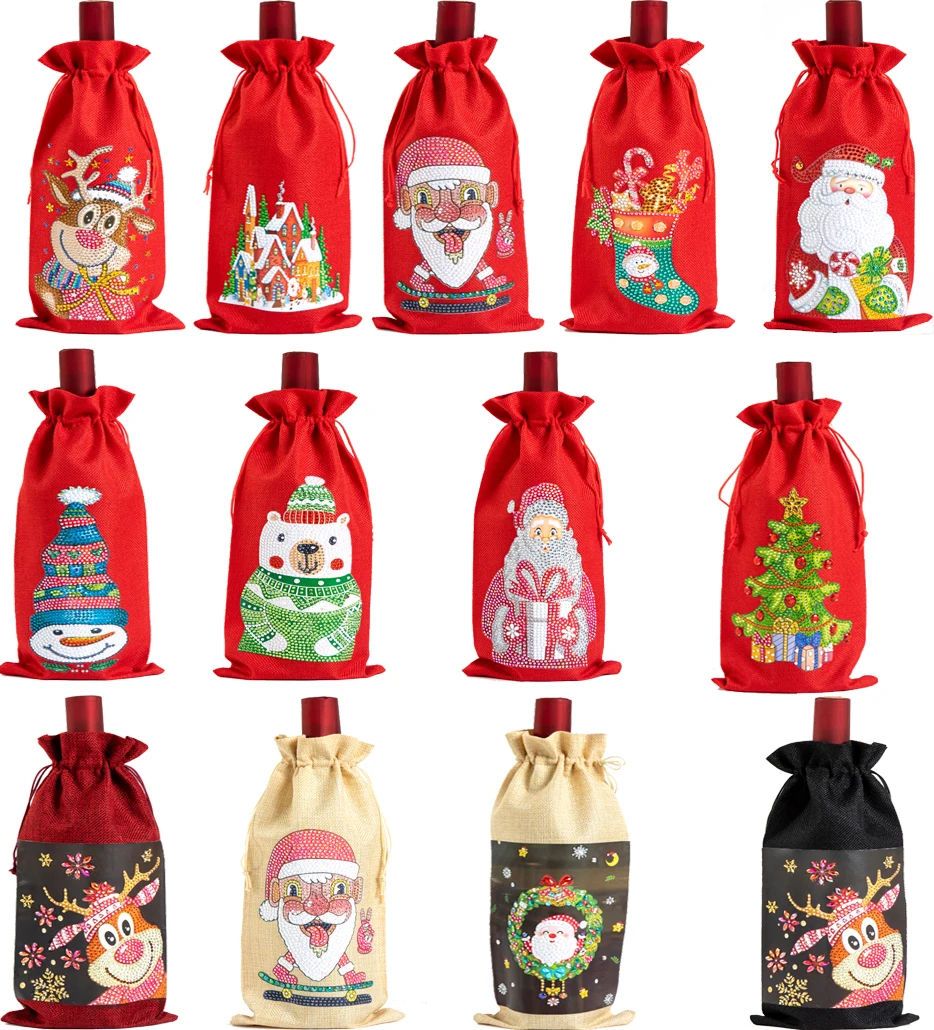 

Christmas Wine Bottle Bag Diamond Painting 5D DIY Cartoon Santa Claus Drawstring Bag New Year Table Ritual Decoration Gift