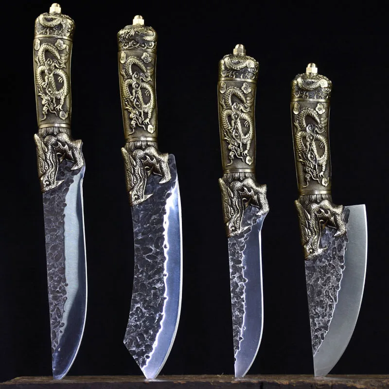 

Handmade Utility Knife Sharp Chefs Cleaver Slicing Chopper Hunting Outdoors Longquan Kitchen Knives Copper Dragon Decor Handle