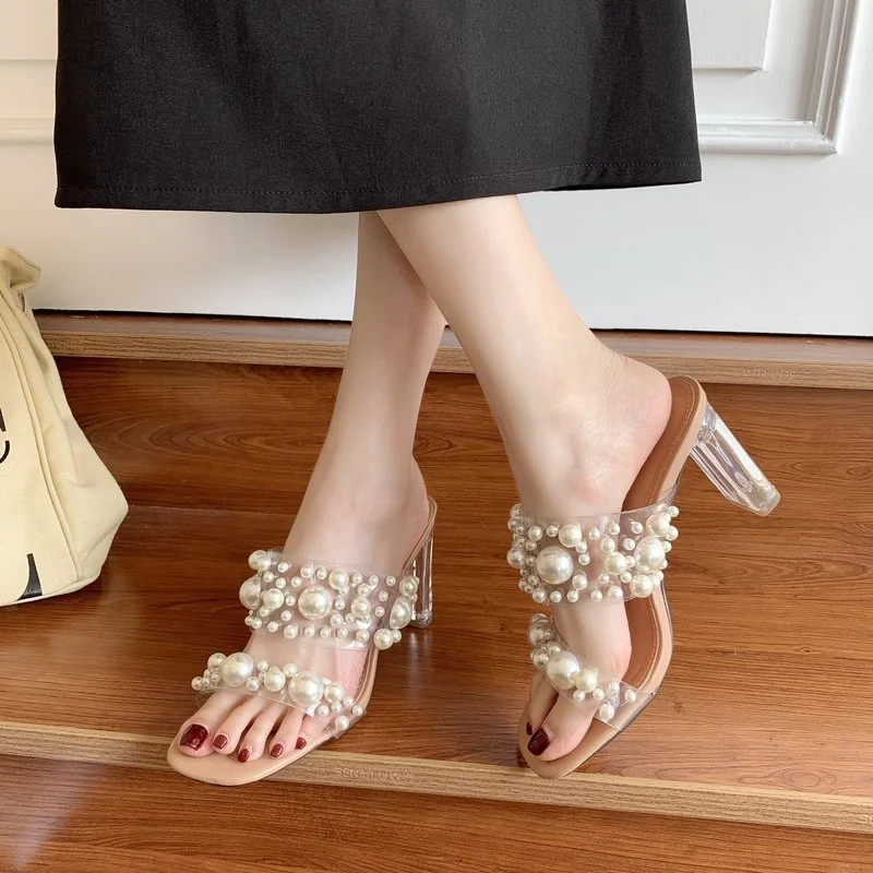 

New Arrival Summer Women Pearl High Heel Slippers Transparent Outside Slippers Brown Slides Casuals Beach Slippers