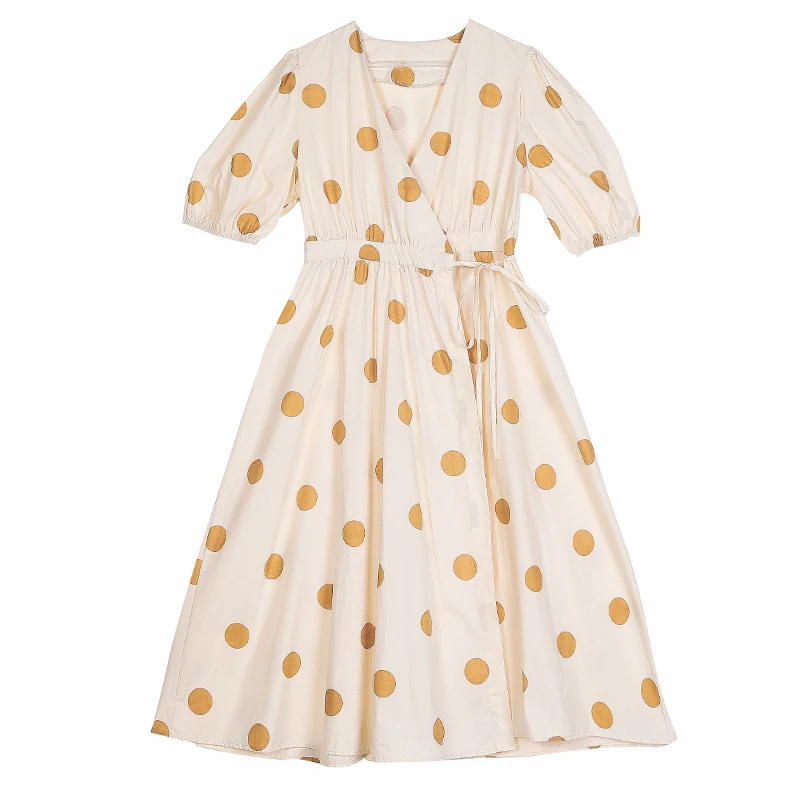 

Slim polka dot print V-neck dress women summer French waist lace mid-length dress women high-quality elegant puff sleeve dress