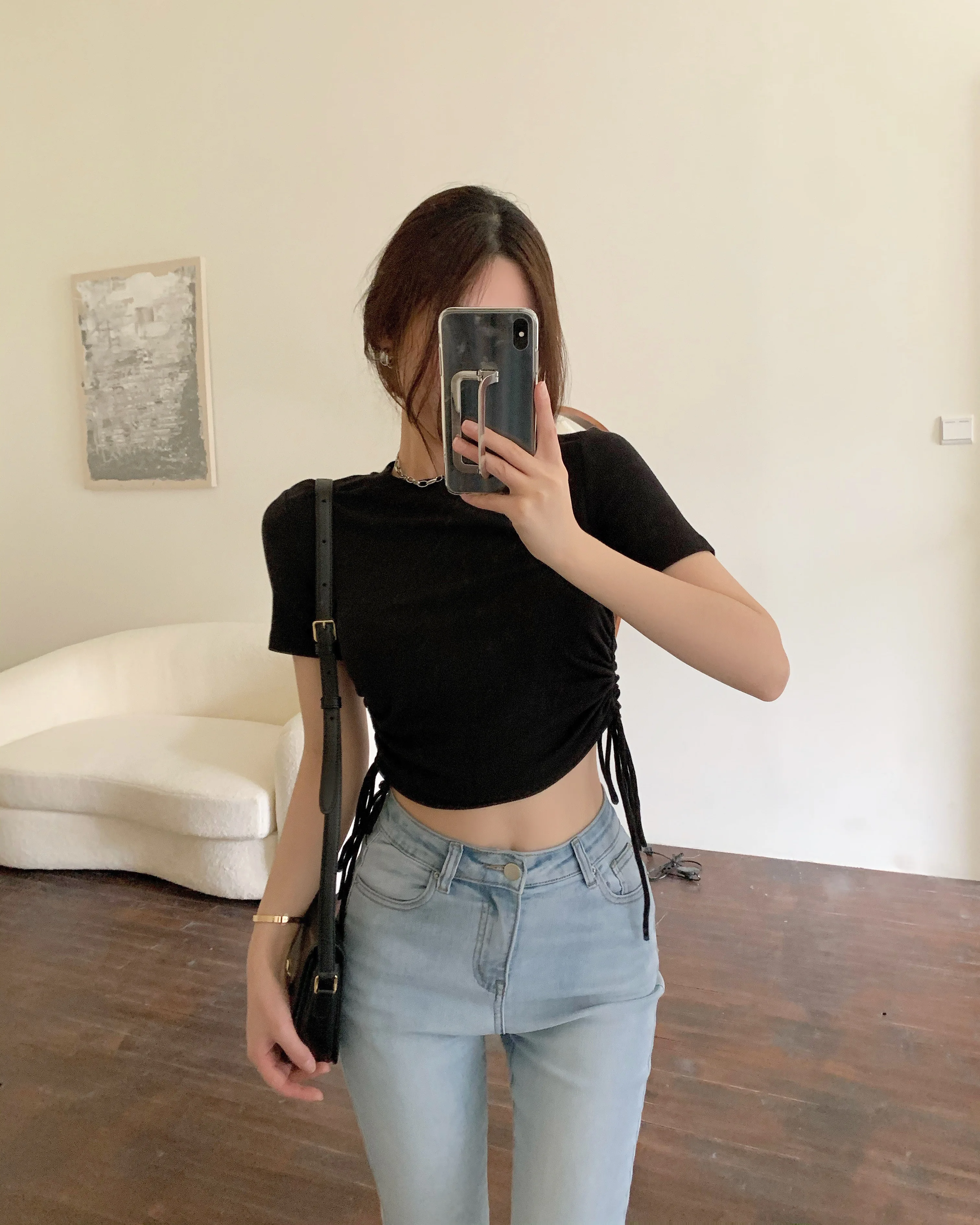 

Top Women's Korean Style Sense of Design Non-mainstream Skinny Slimming Sexy Short Short-Sleeved Brand Disco Clothes Trendy Xuan