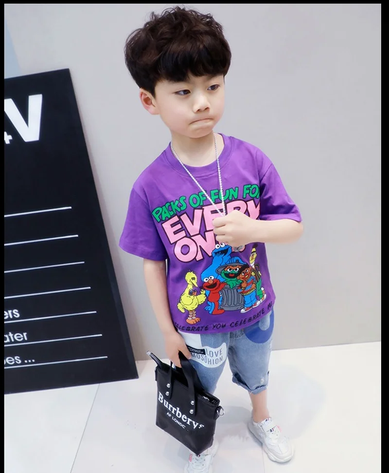 

Summer Boys Short Children's Five-Point-Sleeve Printed Purple Letter Pattern Kids Fashion T-Shirt KT08