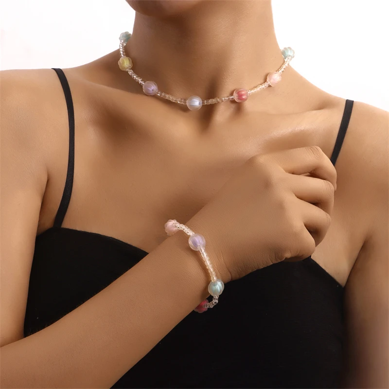 

Fashion Creative Transparent Acrylic Rice Beads Beaded Chain Candy Color Ball Necklace Bracelet Set Women's Party Accessories