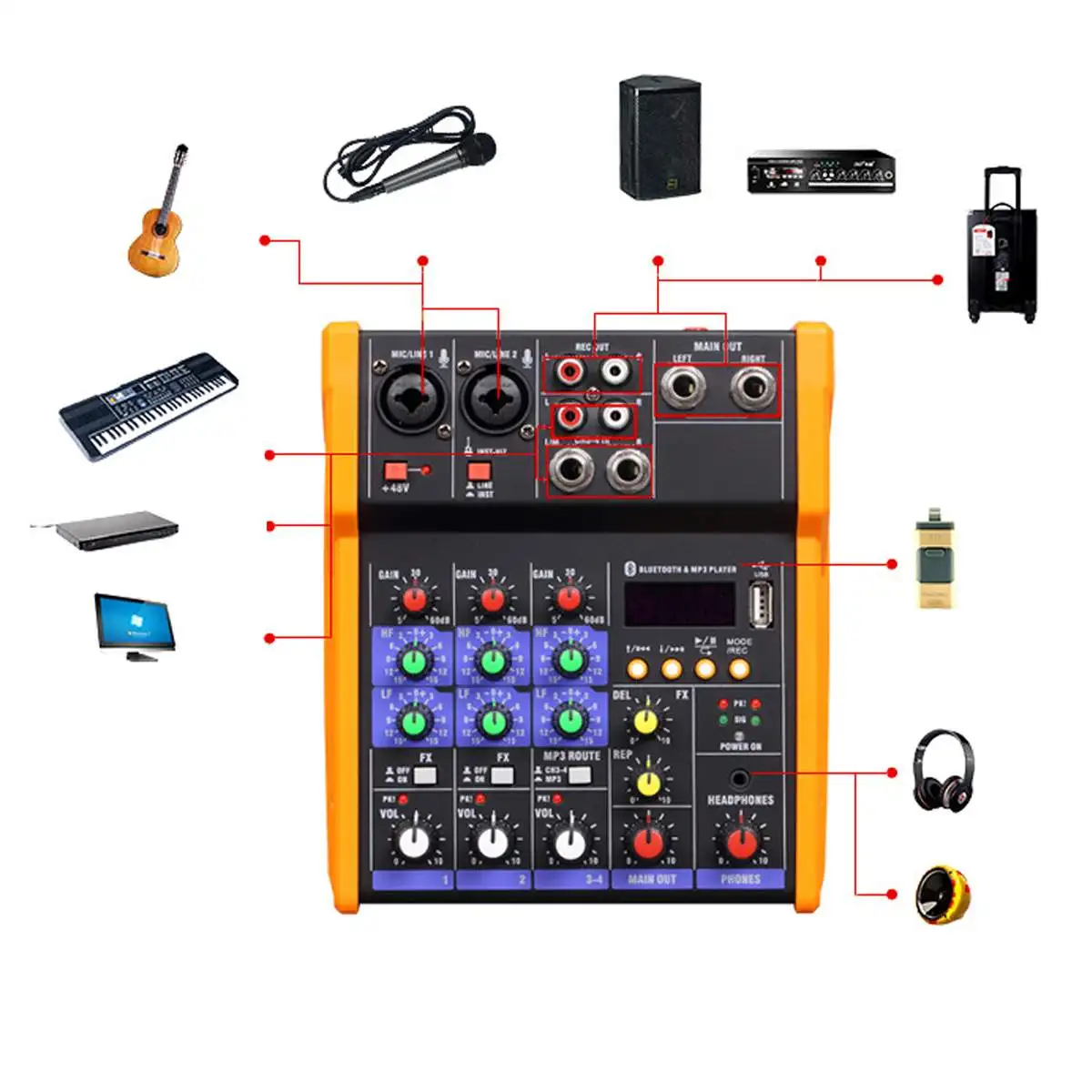 4 канальный bluetooth микрофон 48 В звуковая консоль профессиональный аудио Миксер для